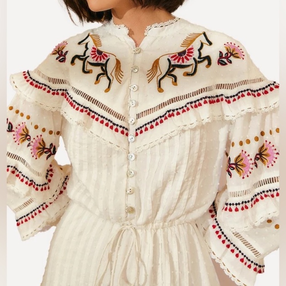 FARM Rio Stitch Embroidered Horses White Ruffle Dress with Floral Accents XXS - Picture 2 of 10